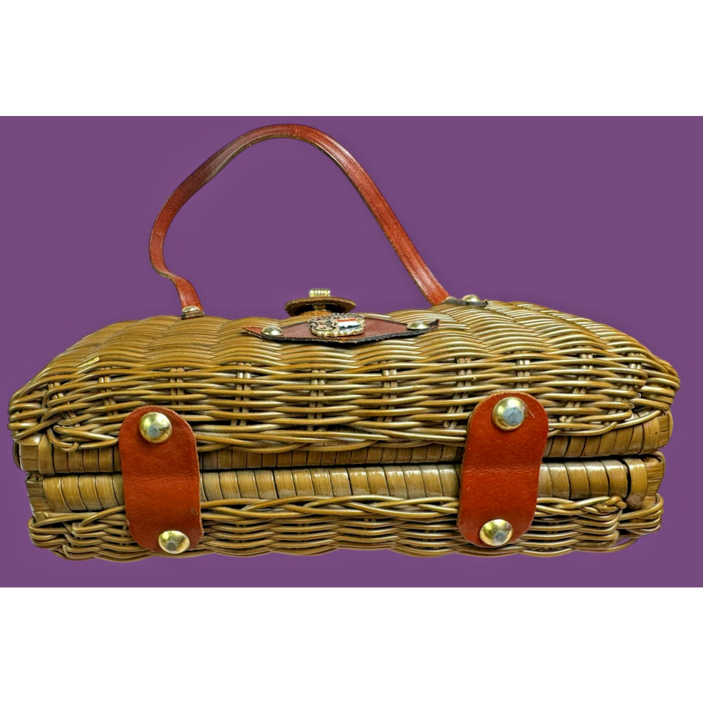Vintage WAP PEN Wicker Basket Purse Leather Straps Dutch Crest Handbag 1960s - Picture 9 of 10